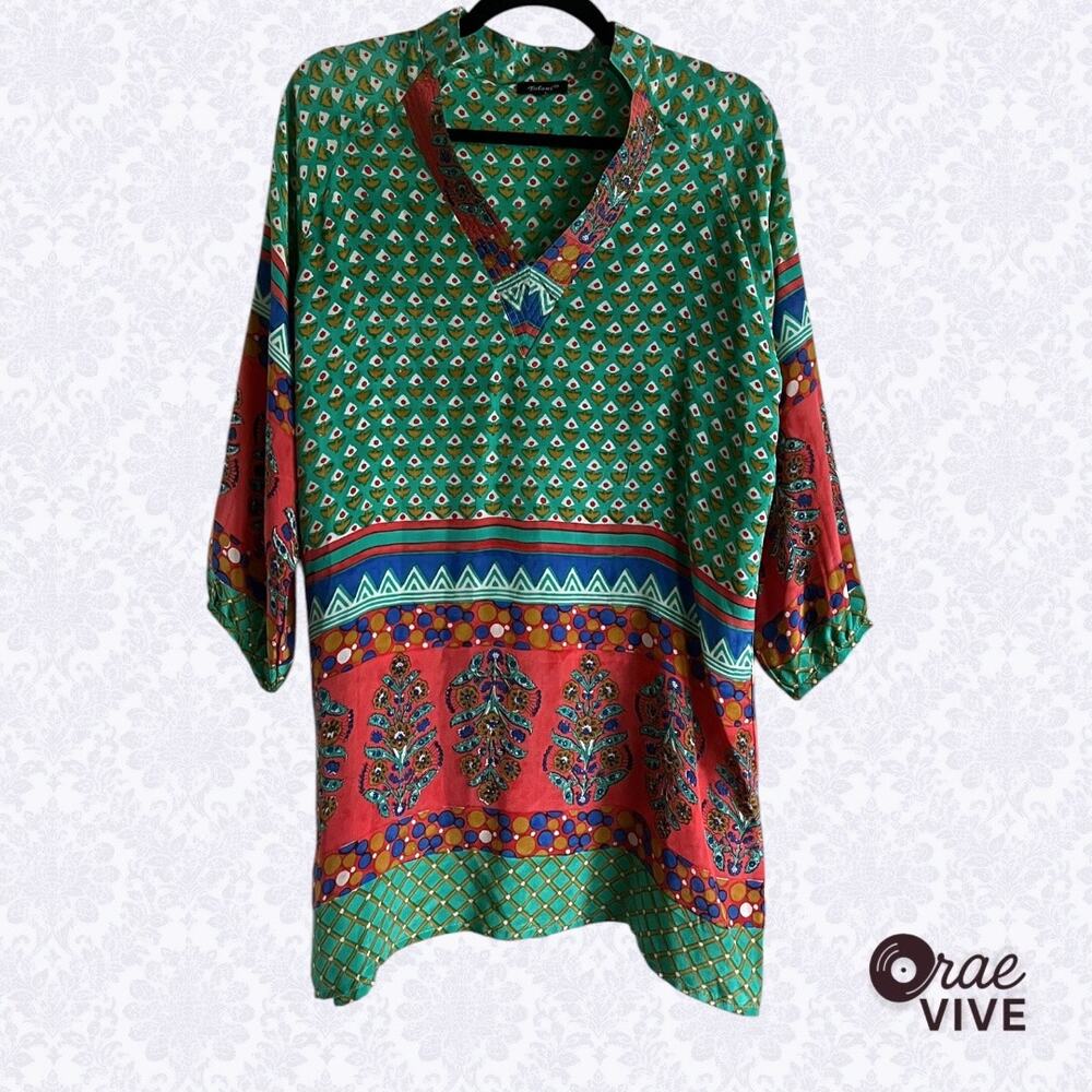 Tolani Nisha Womens Medium Green Coral 100% Silk Boho Tunic [🌿]